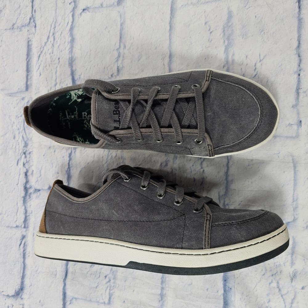 LL Bean Campside Canvas Sneakers Mens 10 Grey Low Top Leather Trim Walking Shoes